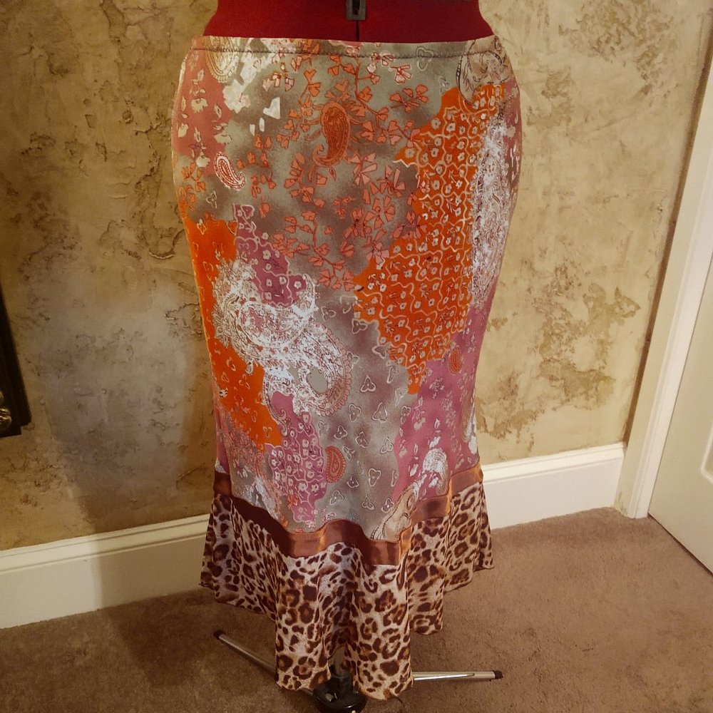 Orange Brown Animal Print & Paisley Midi Skirt with Ruffled Hem & Elastic Waist